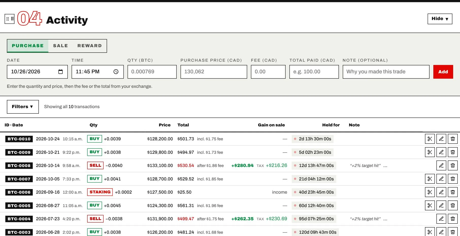 Every purchase, sale and reward on one compact line, with notes, fees and a live “held for” timer.